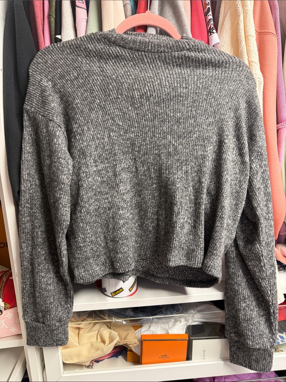 Soft Ribbed Gray Cropped Crewneck Sweater